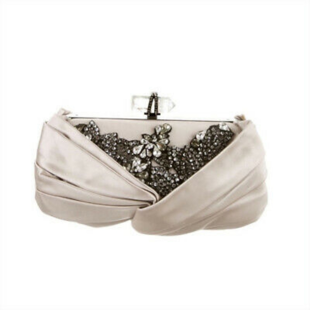 Marchesa Crystal Embellished Beige Satin Clutch wedding bridal bag